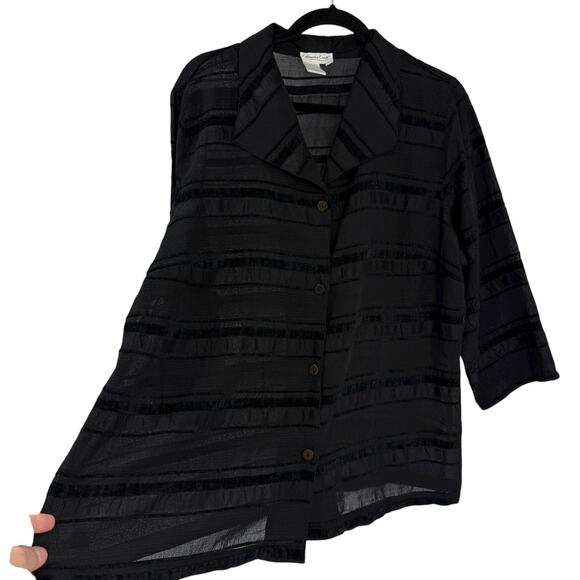 Coldwater Creek 2X Black Crepe Velvet Burnout Stripe Button Up Tunic Boxy Artsy - Picture 2 of 9